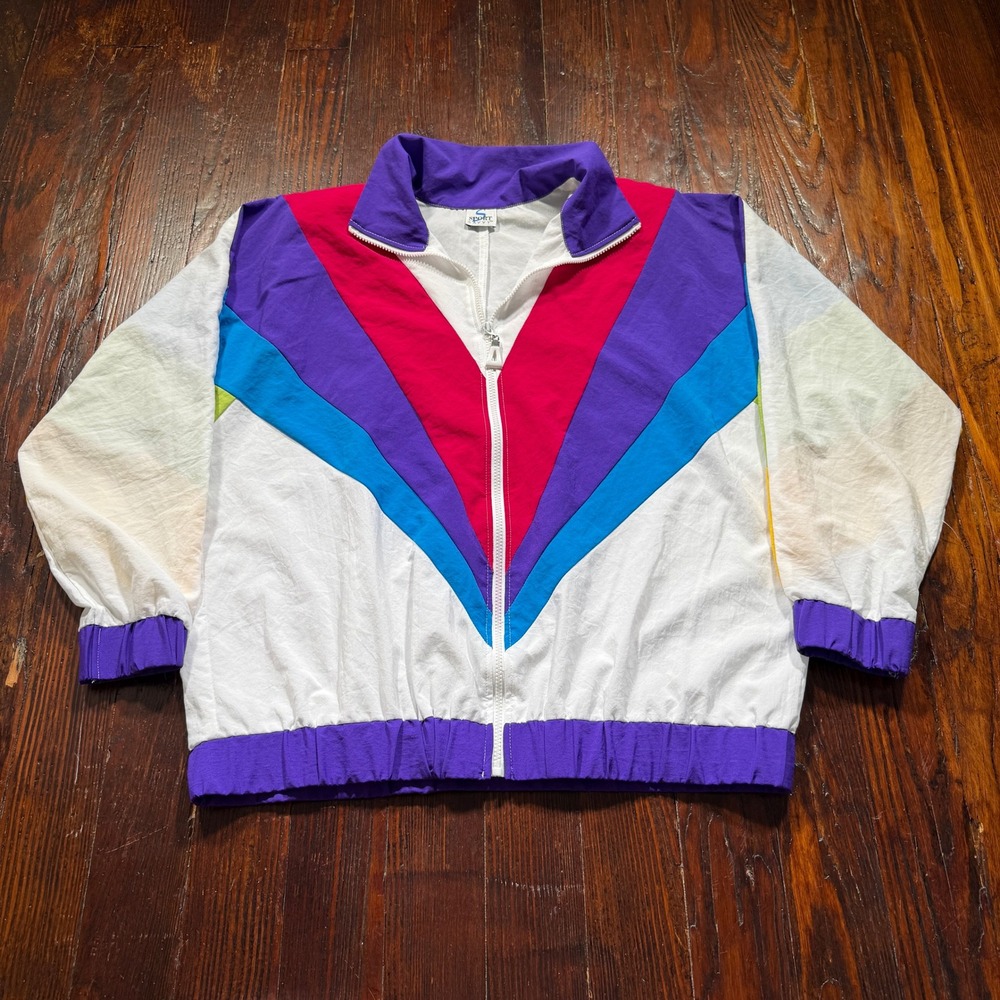 Vintage 80s Sport Savvy Jacket Womens L White Colorblock Windbreaker
